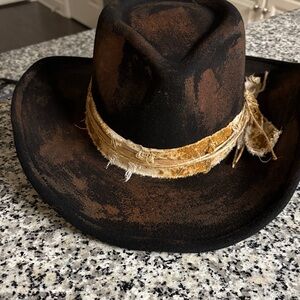Distressed Black & Brown Cowboy Hat with Frayed Tan Band
